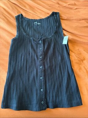 aerie Black Ribbed Button Tank
